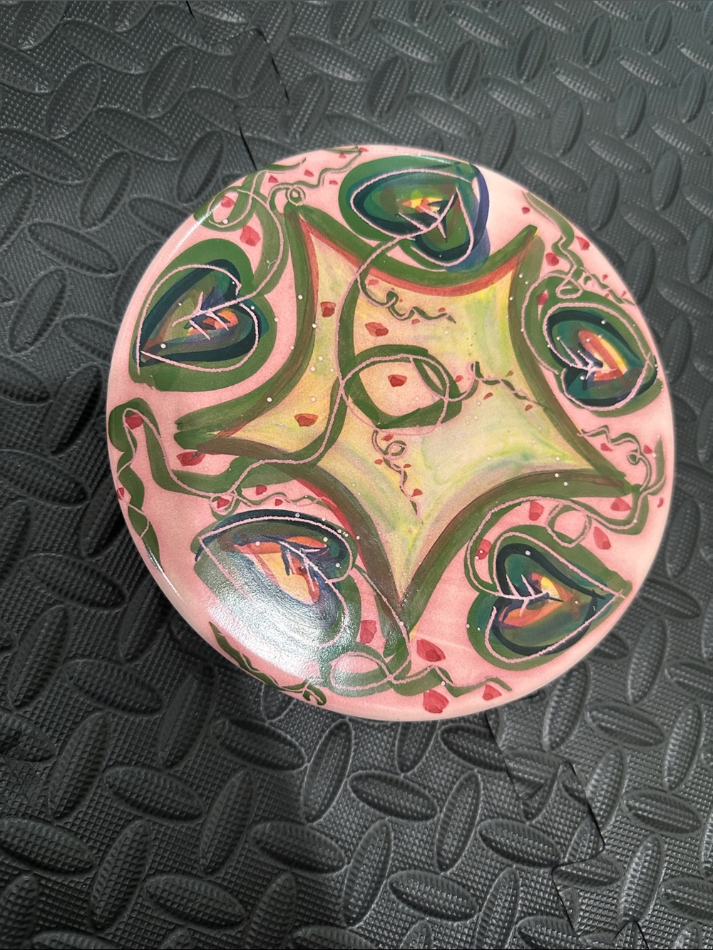 Pottery Trivet handmade hot plate - painted pink hearts star hot food serving